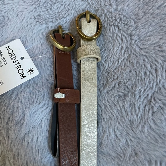 NEW Linea Pelle Gold and Brown Faux Leather Belts with Hammered Buckle Set of 2 - Picture 2 of 4